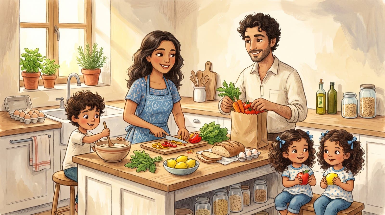 A painted illustration of the founders' family of five cooking
together in their kitchen.