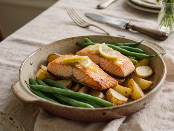 Roasted Salmon with Potatoes and Green Beans, plated and ready to serve