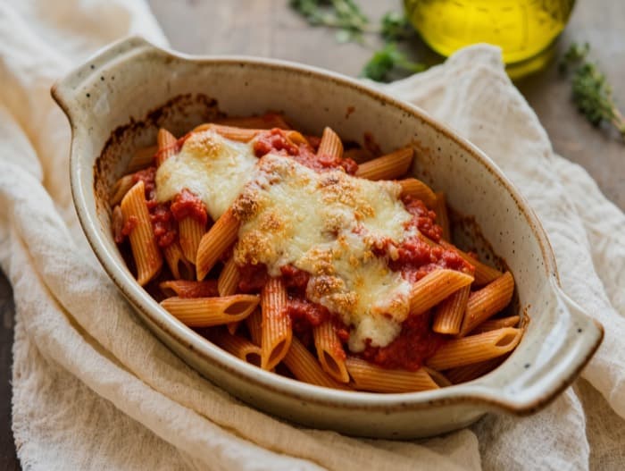 Baked Ziti with Ricotta, plated and ready to serve