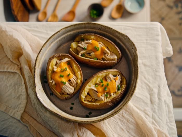 BBQ Chicken Stuffed Baked Potatoes, plated and ready to serve