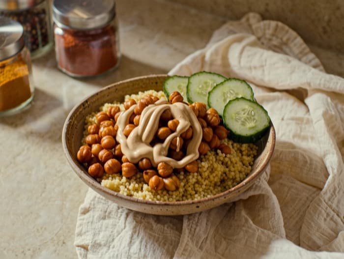 Crispy Chickpea Bowls with Tahini, plated and ready to serve
