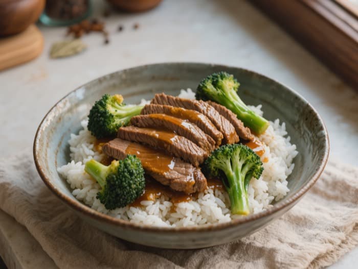 Beef and Broccoli, plated and ready to serve
