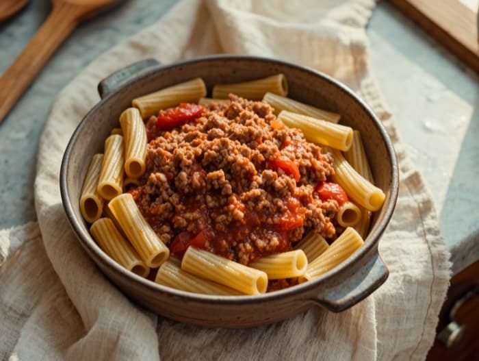 Weeknight Beef Bolognese with Rigatoni, plated and ready to serve