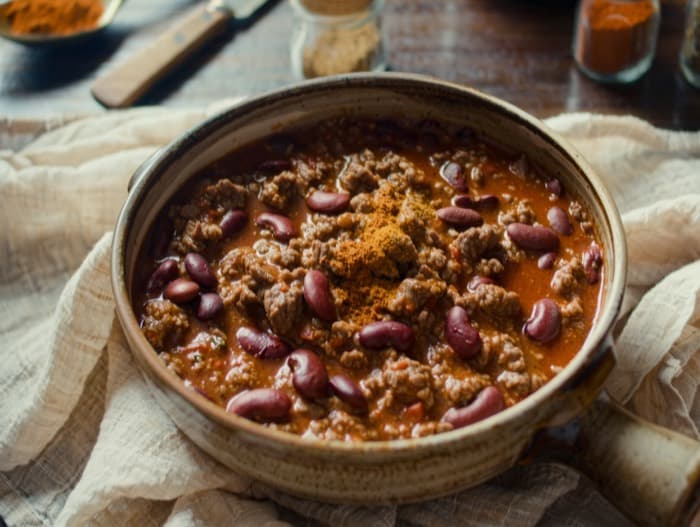 Ground Beef Chili with Beans, plated and ready to serve