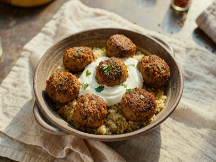 Spiced Beef Kofta with Couscous, plated and ready to serve