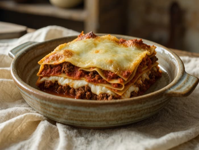Beef and Ricotta Lasagna, plated and ready to serve