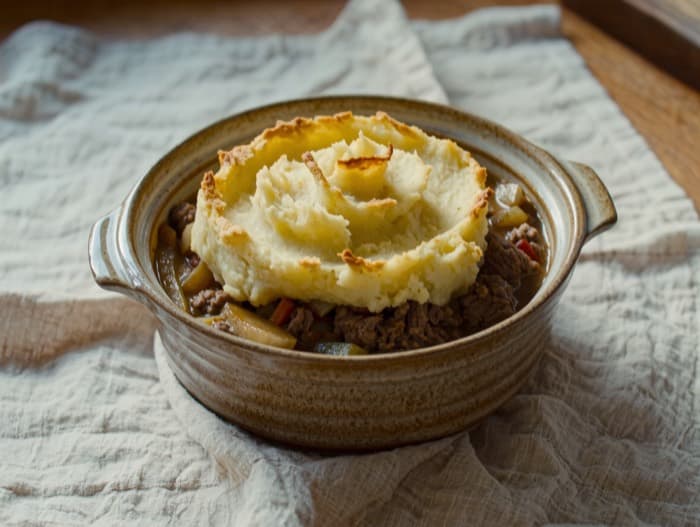 Shepherd's Pie with Mashed Potato Top, plated and ready to serve