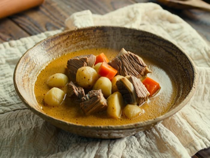 Beef Stew with Potatoes and Carrots, plated and ready to serve