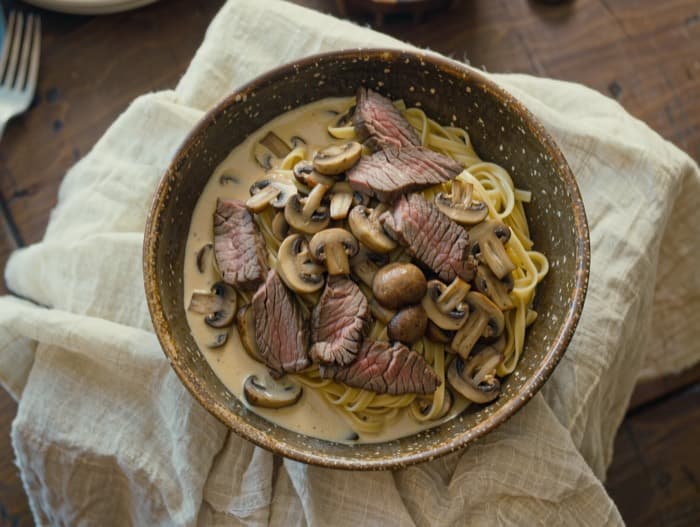 Beef and Mushroom Stroganoff, plated and ready to serve