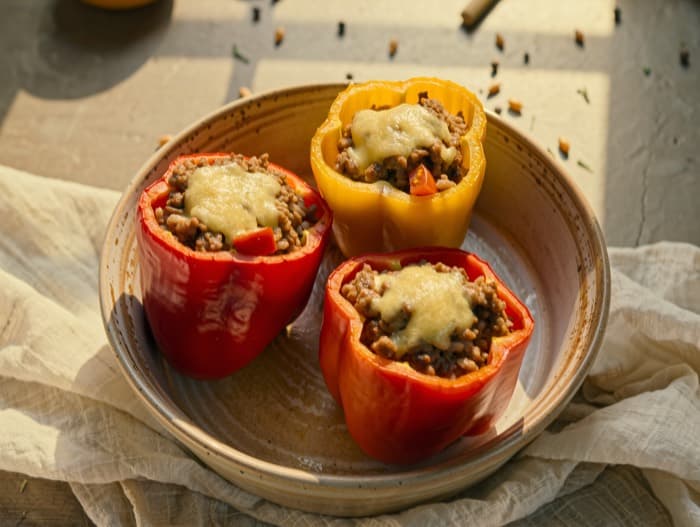 Beef and Rice Stuffed Peppers, plated and ready to serve