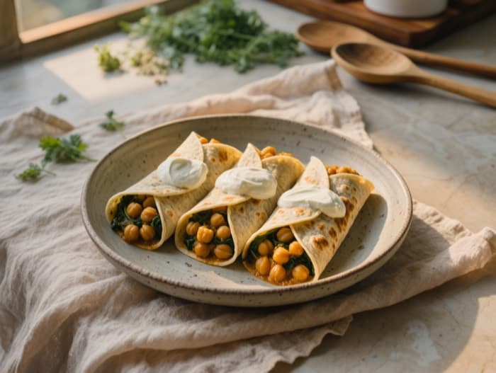 Curried Chickpea Naan Wraps, plated and ready to serve