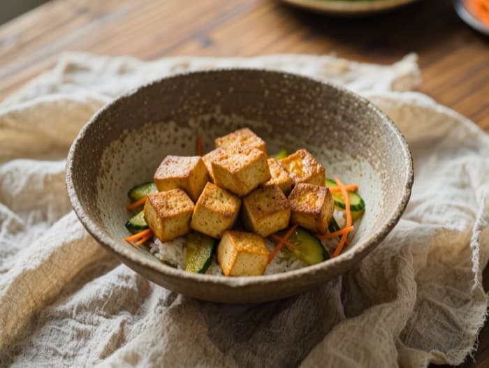 Sesame Ginger Tofu Rice Bowls, plated and ready to serve