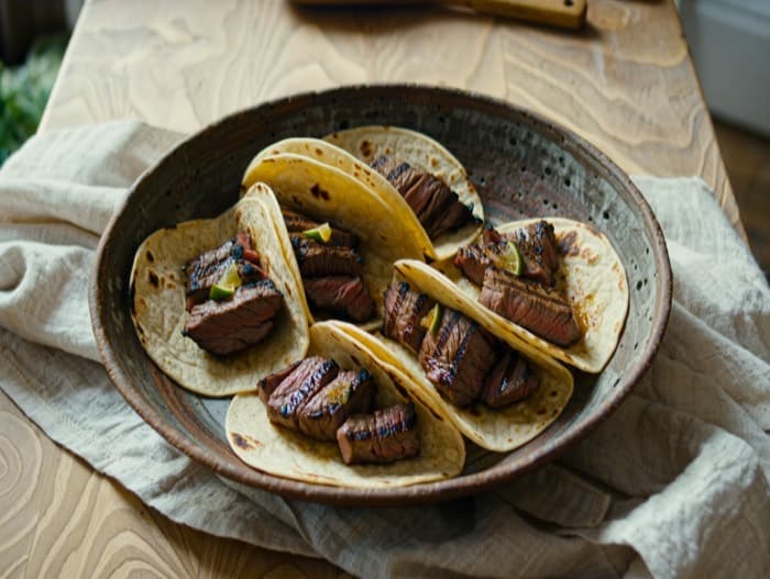 Charred Flank Steak Tacos, plated and ready to serve
