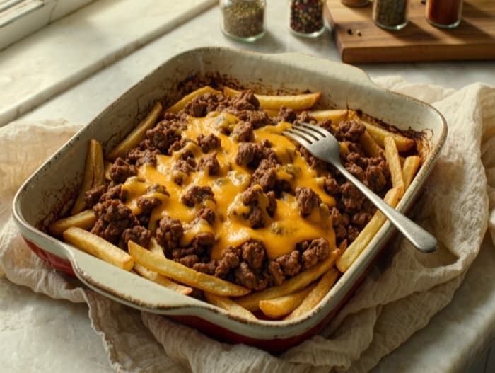 Chili Cheese Fries Sheet Pan, plated and ready to serve