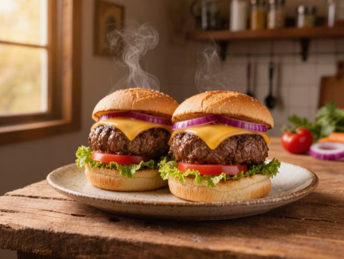Diner Cheeseburgers with Special Sauce, plated and ready to serve