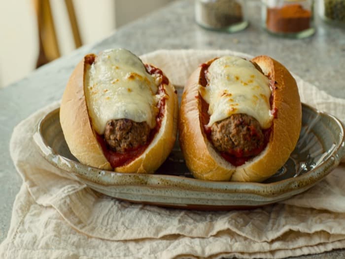 Broiled Meatball Subs, plated and ready to serve