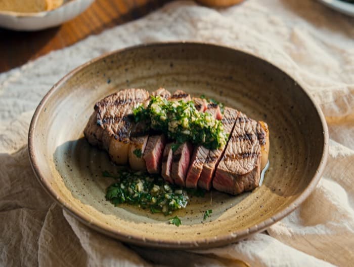 Grill-Pan Sirloin with Parsley Garlic Sauce, plated and ready to serve