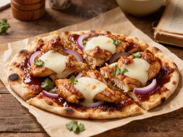 BBQ Chicken Flatbread, plated and ready to serve