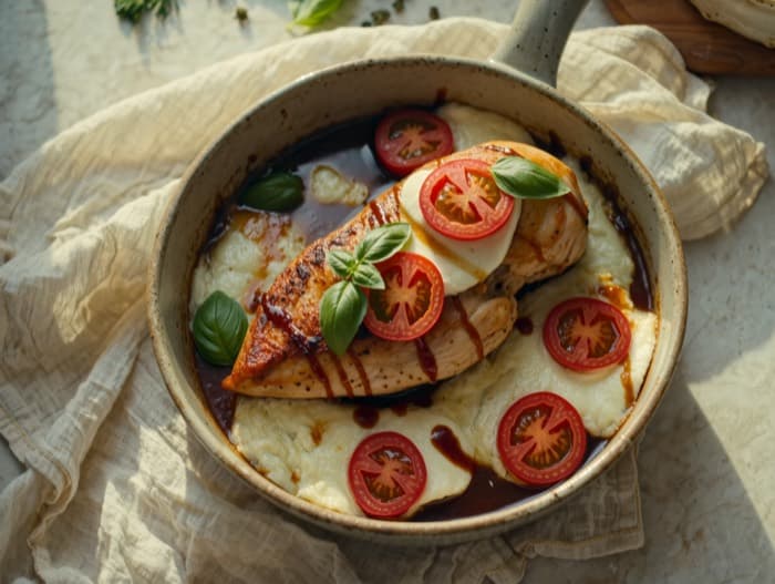 Caprese Chicken with Balsamic Glaze, plated and ready to serve