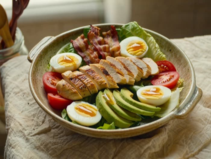 Chicken Cobb Salad with Bacon and Egg, plated and ready to serve