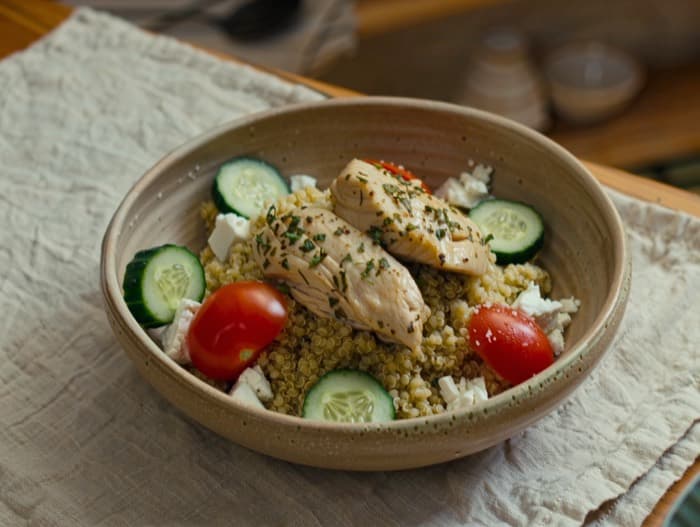 Greek Chicken Quinoa Bowls, plated and ready to serve