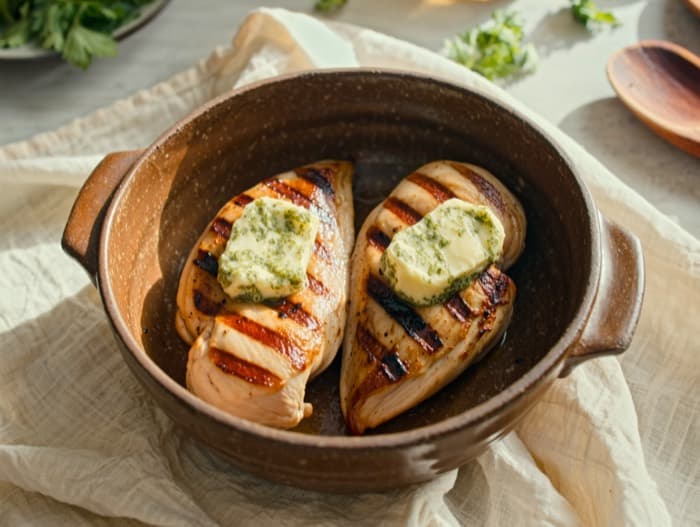 Grill-Pan Basil Butter Chicken Breasts, plated and ready to serve