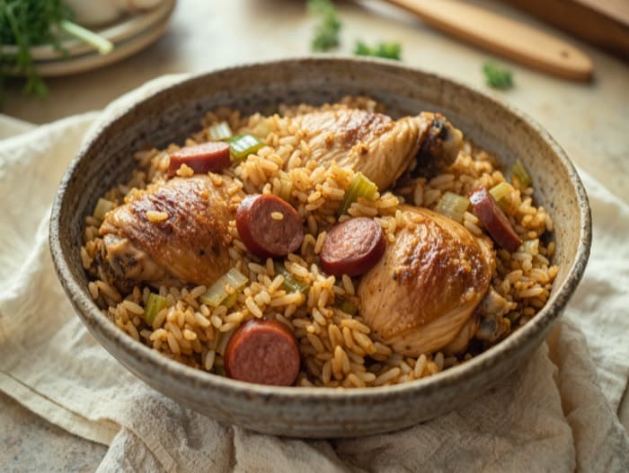 Cajun Chicken and Sausage Rice, plated and ready to serve