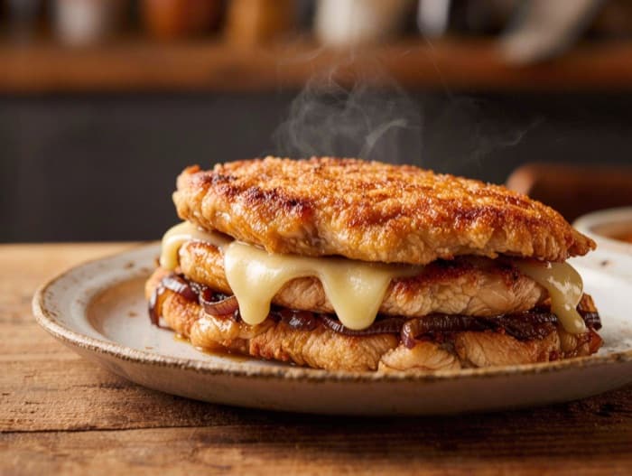 Ground Chicken Patty Melts, plated and ready to serve