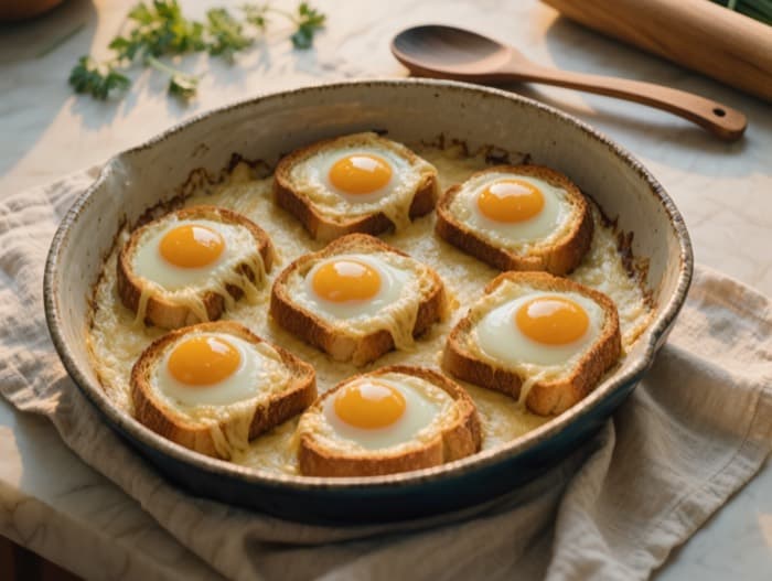Baked Eggs on Cheesy Toast, plated and ready to serve