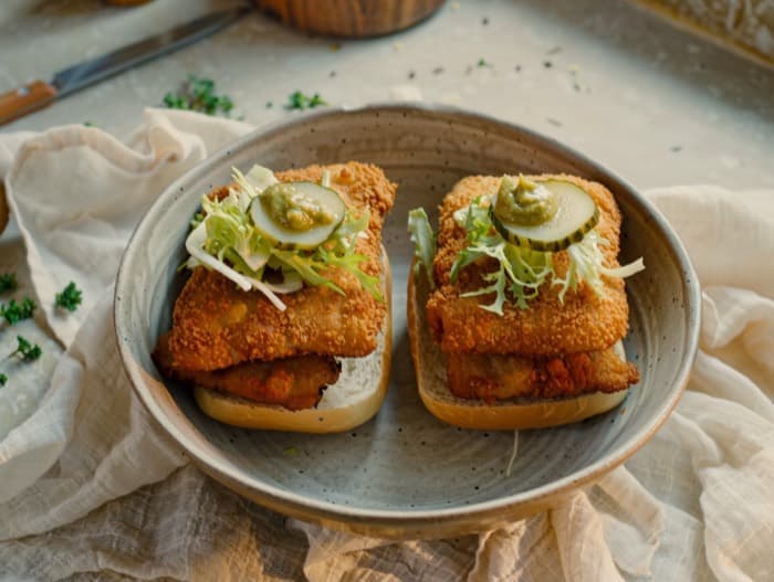 Crispy Cod Sandwiches with Tartar Sauce, plated and ready to serve