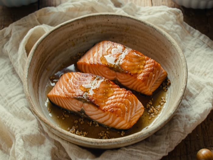 Broiled Maple Dijon Salmon, plated and ready to serve