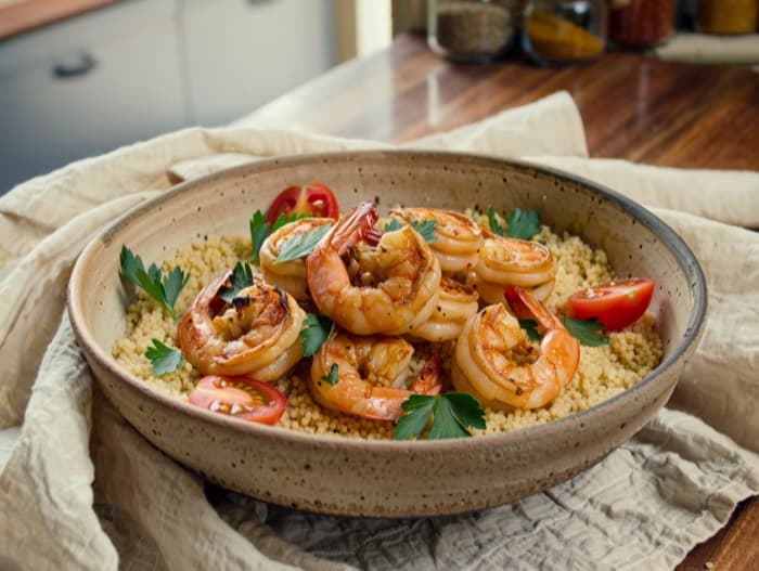 Grill-Pan Lemon Garlic Shrimp with Couscous, plated and ready to serve