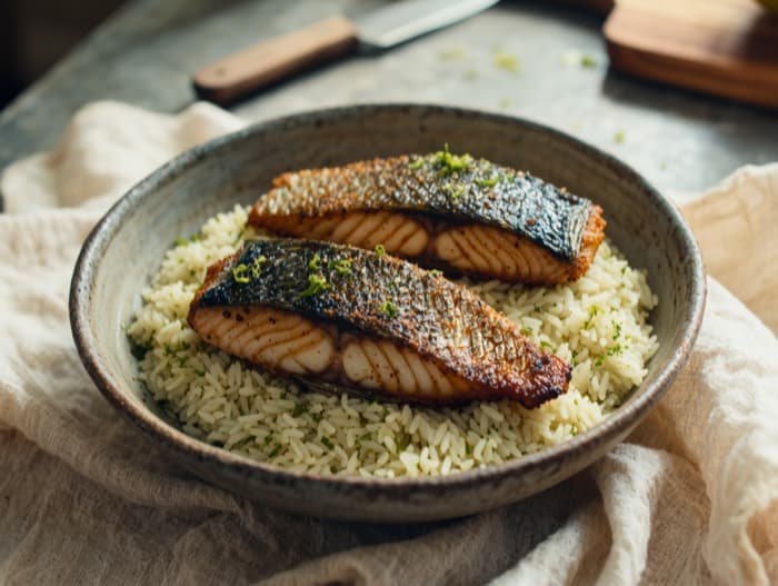 Blackened Tilapia with Lime Rice, plated and ready to serve