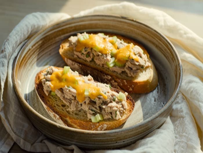 Open-Face Tuna Melts, plated and ready to serve