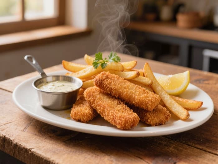 Homemade Fish Sticks with Oven Fries, plated and ready to serve