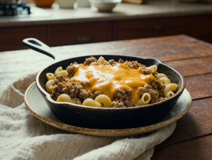 One-Skillet Cheeseburger Pasta, plated and ready to serve