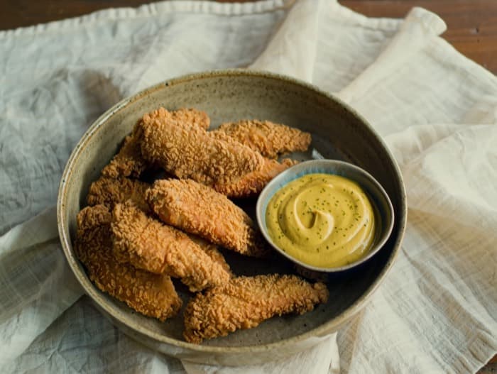 Oven Chicken Tenders with Honey Mustard, plated and ready to serve