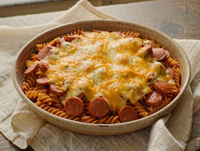 Cheesy Sausage Pasta Bake, plated and ready to serve