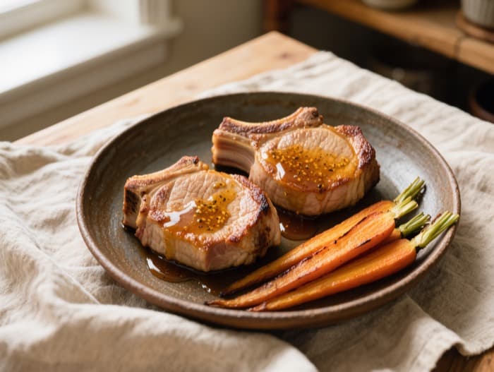 Grill-Pan Pork Chops with Maple Mustard, plated and ready to serve
