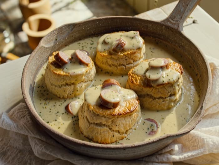 Sausage Gravy over Biscuits, plated and ready to serve