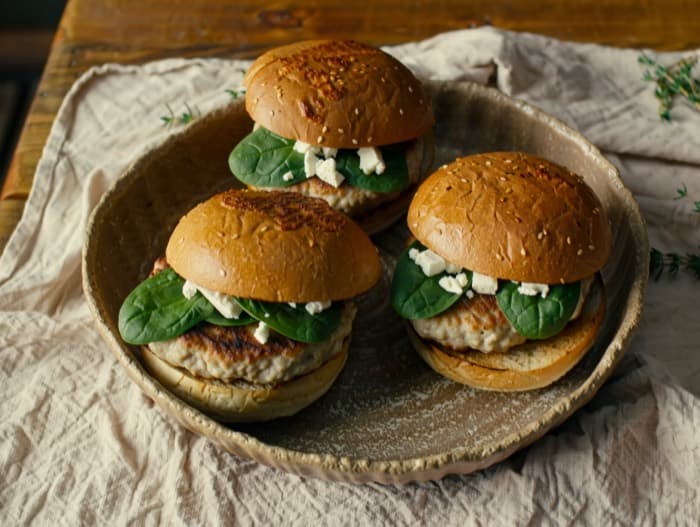 Spinach Feta Turkey Burgers, plated and ready to serve