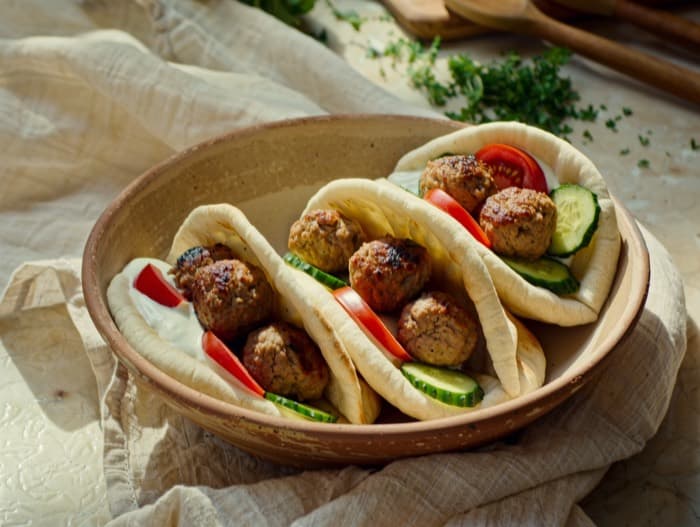 Turkey Meatball Pitas with Cucumber Yogurt, plated and ready to serve