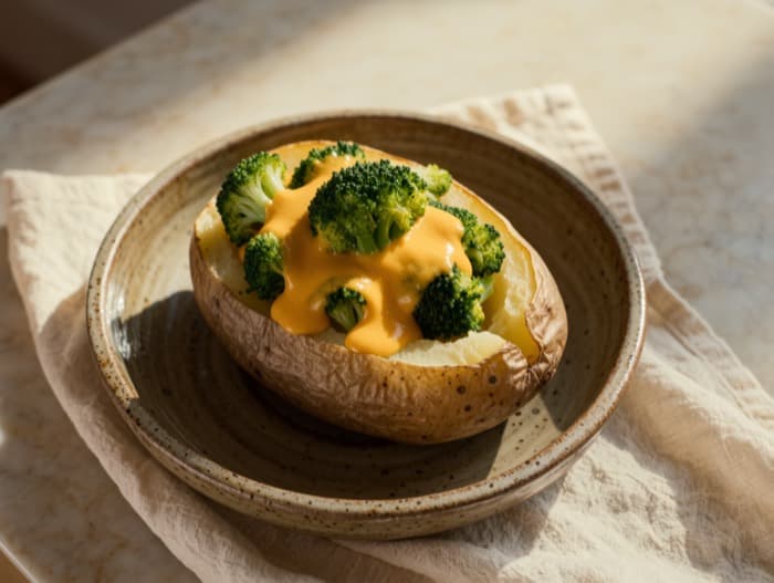Broccoli Cheddar Loaded Baked Potatoes, plated and ready to serve