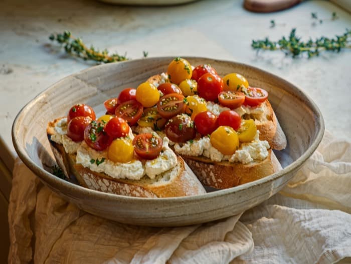 Whipped Ricotta Toasts with Big Tomato Salad, plated and ready to serve
