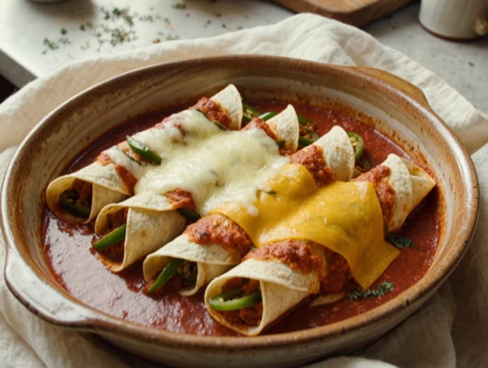 Cheese and Green Chile Enchiladas, plated and ready to serve