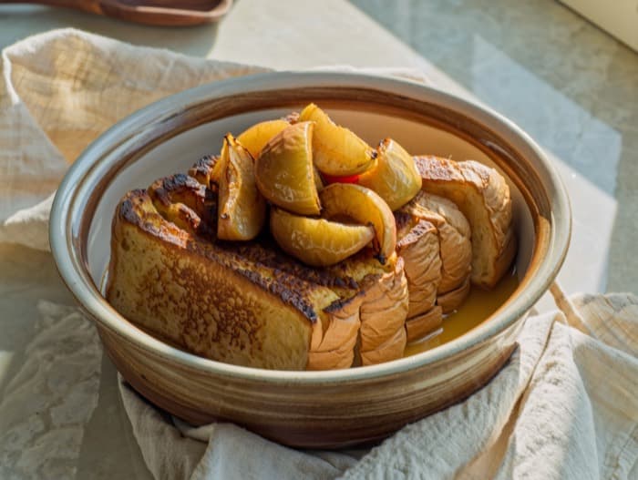 Cinnamon French Toast with Warm Apples, plated and ready to serve