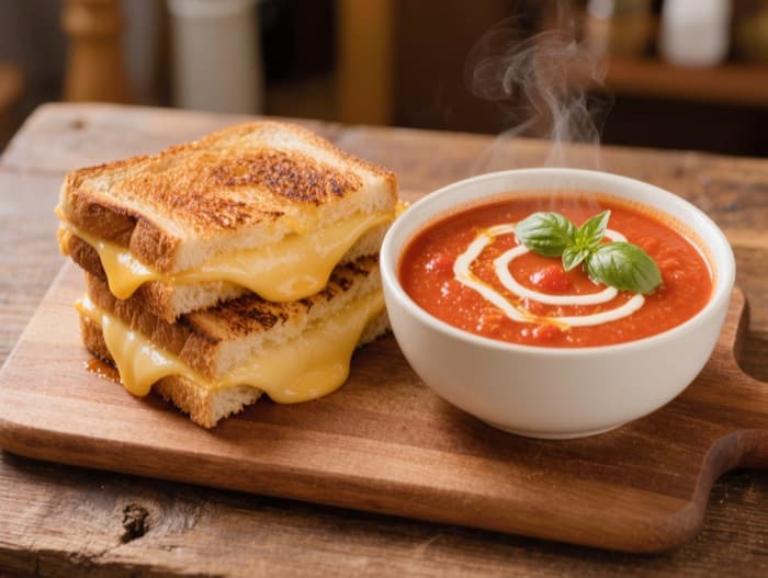 Skillet Grilled Cheese with Tomato Soup, plated and ready to serve