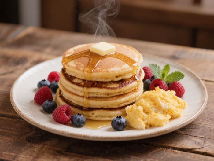 Breakfast-for-Dinner Buttermilk-Style Pancakes, plated and ready to serve