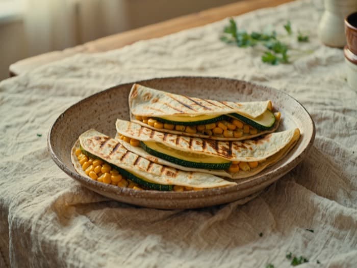 Zucchini and Corn Quesadillas, plated and ready to serve