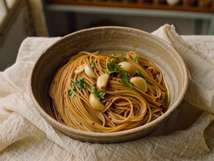 Garlic and Chili Oil Spaghetti, plated and ready to serve